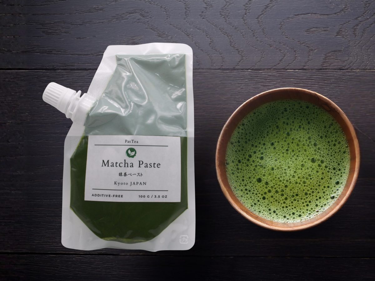 PasTea matcha paste pouch and a bowl of matcha
